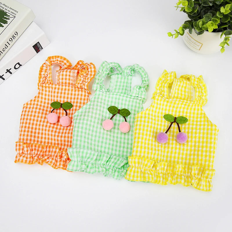 Summer Pet Dresses for Small Dogs Cherry Plaid Print Puppy Clothes Skirt Cute Princess Dress Suit Pomeranian Yorkshire Clothing
