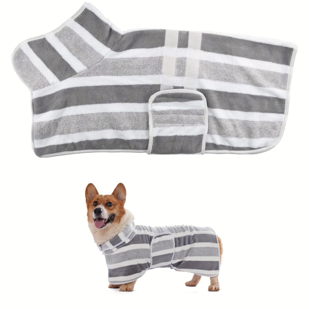 Super Absorbent Quick-Dry Dog Bathrobe,  Soft Striped Towel Robe for Pets with Adjustable Belly Strap cat pet bath large bath to
