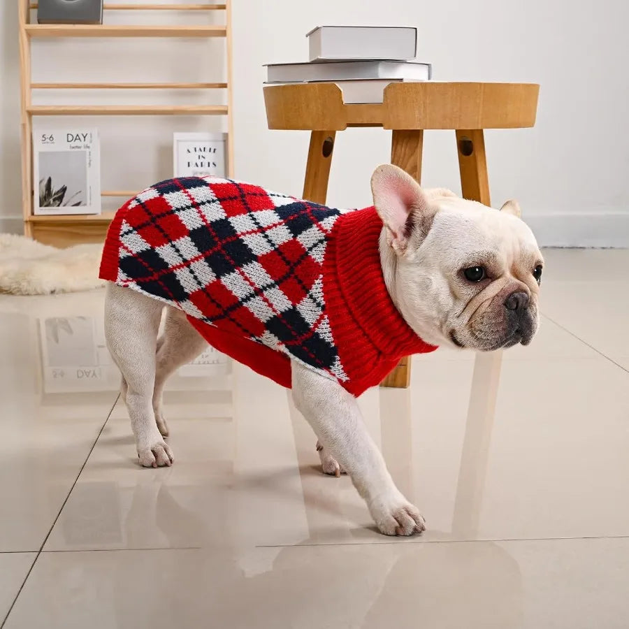 Dog Sweater for Medium Dogs Plaid Checkered Knit Turtleneck Pullover Winter Clothes Boys Girls Stretch French Bulldog Dachshund