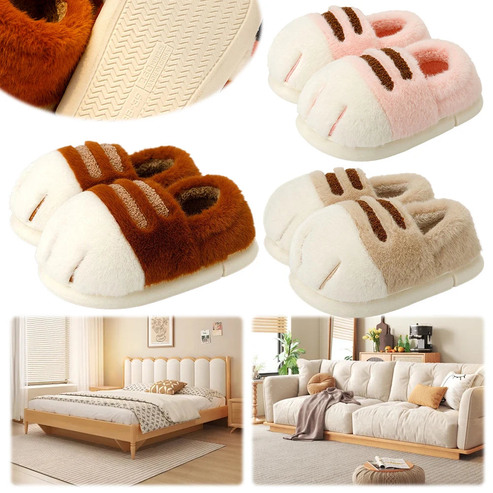 3D Cat Paw Plush Slippers Flat Thermal Slippers Comfortable Fluffy Home Slippers Anti Slip Cute Paw Slippers for Indoor Bedroom
