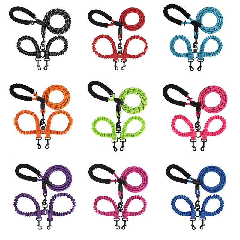 Pet Dog Double Leashes Elastic Rope Two Heads Nylon Two Dogs Collars Harness Leads Dog Leashes Dogs Leash Way Coupler Walk Two
