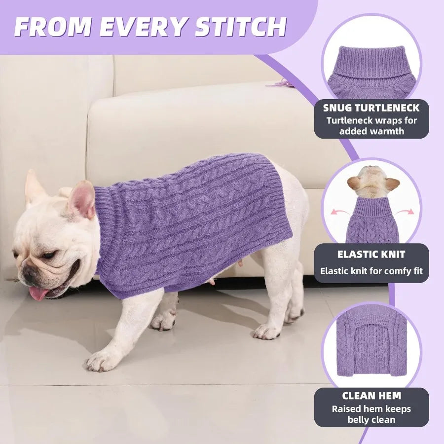 2 Pack Dog Sweaters for Medium Dogs Turtleneck Pullover Cable Knit Stretch Clothes French Bulldog Dachshund Boston Terrier Corg