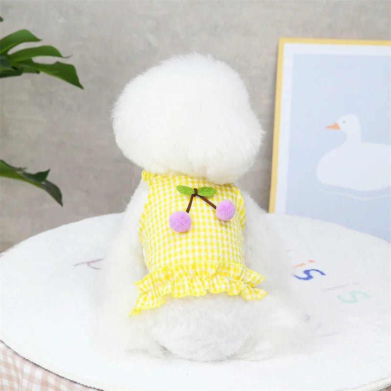 Summer Pet Dresses for Small Dogs Cherry Plaid Print Puppy Clothes Skirt Cute Princess Dress Suit Pomeranian Yorkshire Clothing