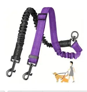 1.6ft Long Dual Dog Leash Attachment - Double Leashes for Training Small to Large Dogs - Adjustable Strap Shock Absorbing Bungee