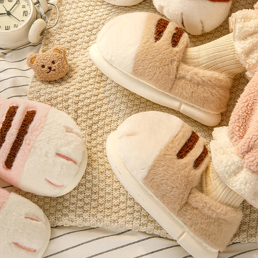 3D Cat Paw Plush Slippers Flat Thermal Slippers Comfortable Fluffy Home Slippers Anti Slip Cute Paw Slippers for Indoor Bedroom
