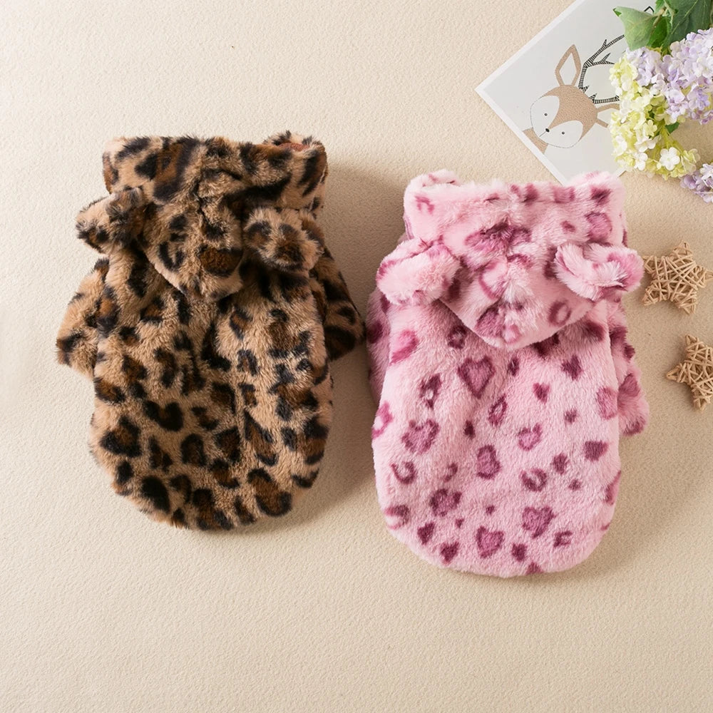 Winter Pet Dog Clothes Warm Fleece Dog Hoodie Leopard Dog Coat Jacket French Bulldog Clothing for Small Medium Dogs Pet Costumes