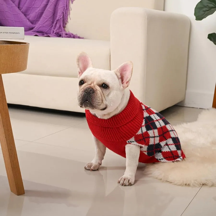 Dog Sweater for Medium Dogs Plaid Checkered Knit Turtleneck Pullover Winter Clothes Boys Girls Stretch French Bulldog Dachshund