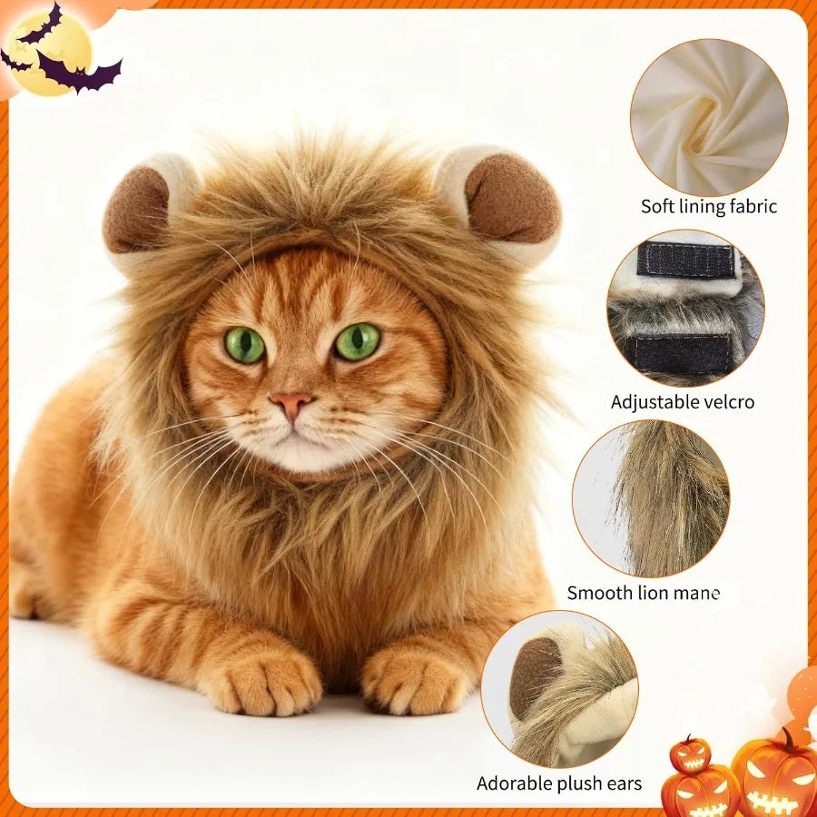 Cat Halloween Costumes Adjustable Lion Mane Wig Pet Costumes for Cats M