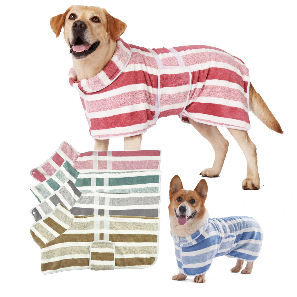 Super Absorbent Quick-Dry Dog Bathrobe,  Soft Striped Towel Robe for Pets with Adjustable Belly Strap cat pet bath large bath to