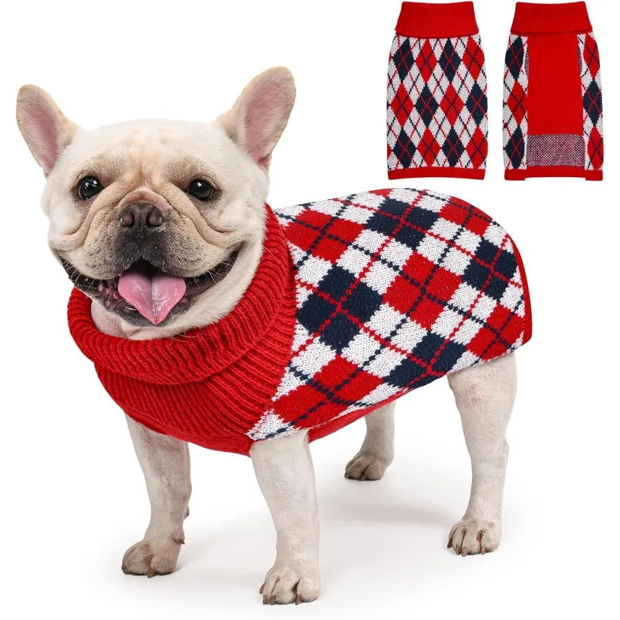 Dog Sweater for Medium Dogs Plaid Checkered Knit Turtleneck Pullover Winter Clothes Boys Girls Stretch French Bulldog Dachshund