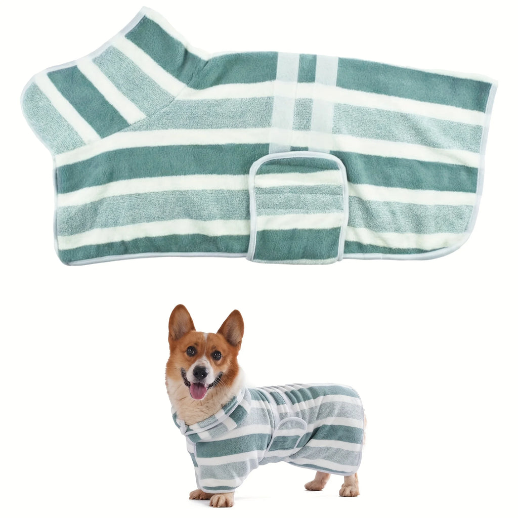 Super Absorbent Quick-Dry Dog Bathrobe,  Soft Striped Towel Robe for Pets with Adjustable Belly Strap cat pet bath large bath to