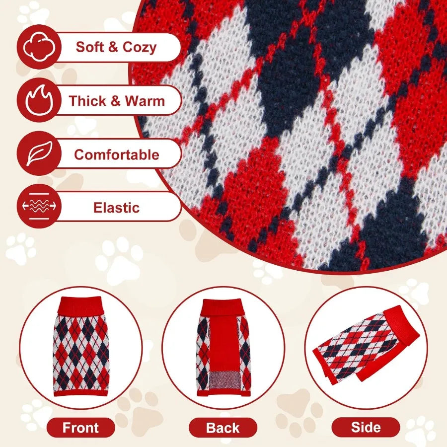 Dog Sweater for Medium Dogs Plaid Checkered Knit Turtleneck Pullover Winter Clothes Boys Girls Stretch French Bulldog Dachshund