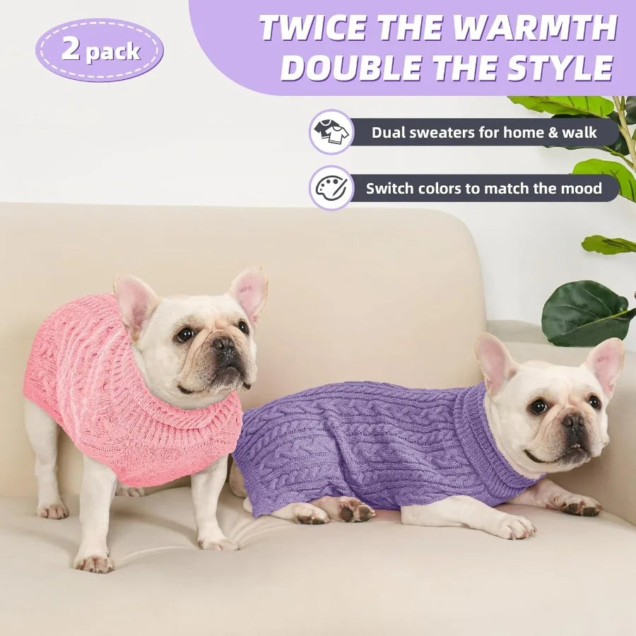 2 Pack Dog Sweaters for Medium Dogs Turtleneck Pullover Cable Knit Stretch Clothes French Bulldog Dachshund Boston Terrier Corg