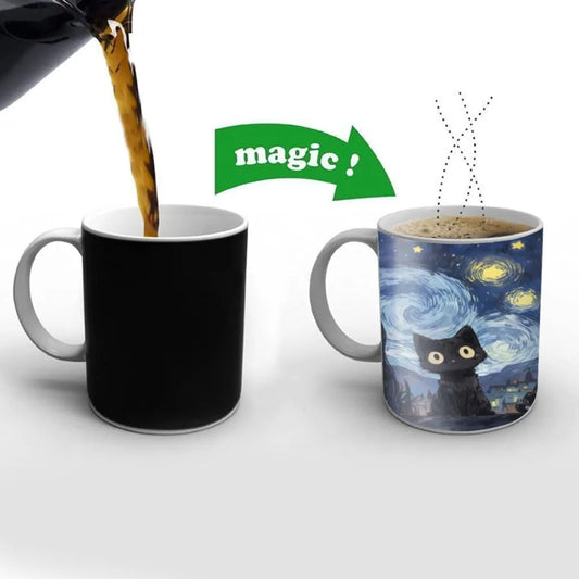 Van Gogh Inspired Girl and Cat Admiring Starry Nigh Coffee Mugs And Mug Creative Color Change Tea Cup Ceramic Milk Cups Gifts