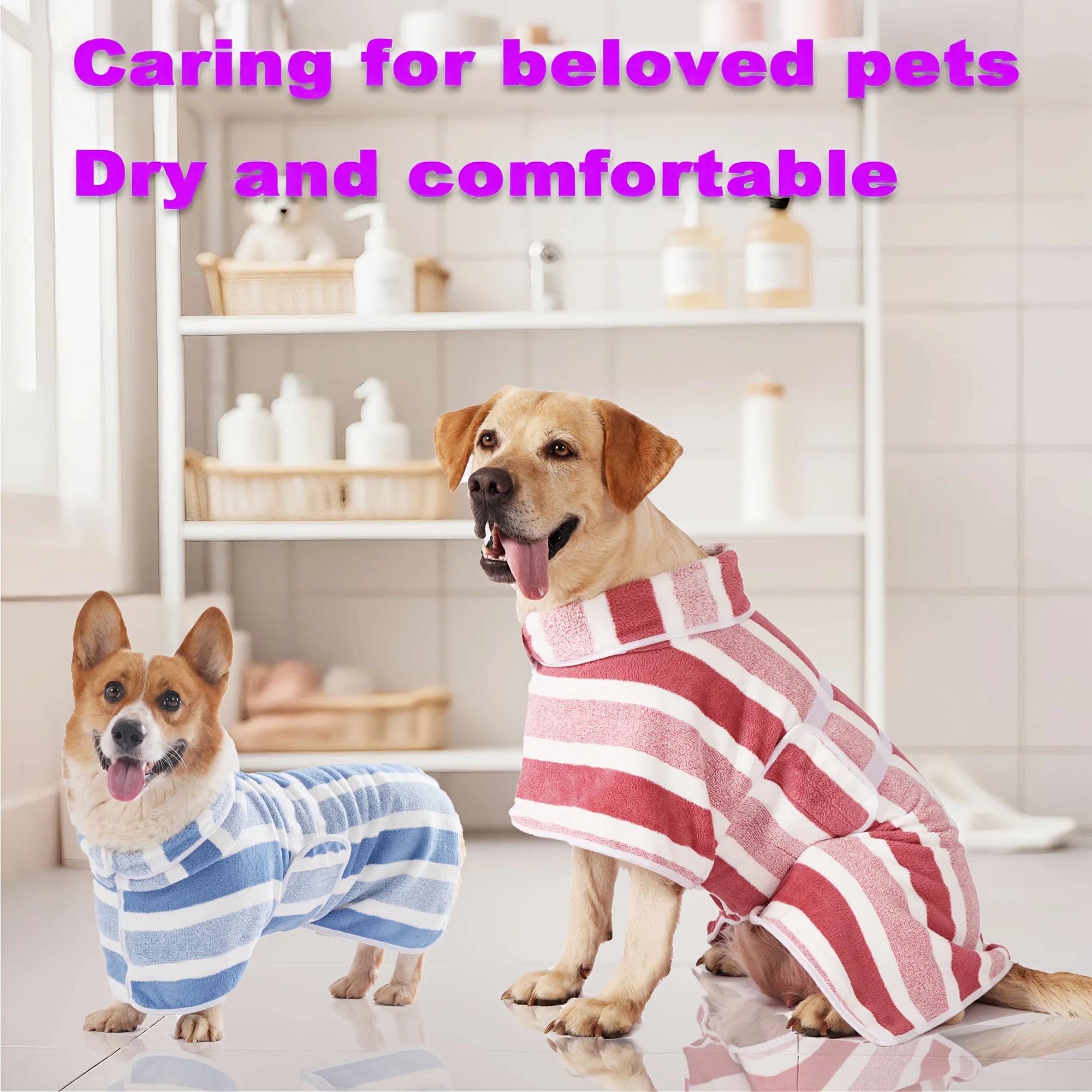 Super Absorbent Quick-Dry Dog Bathrobe,  Soft Striped Towel Robe for Pets with Adjustable Belly Strap cat pet bath large bath to