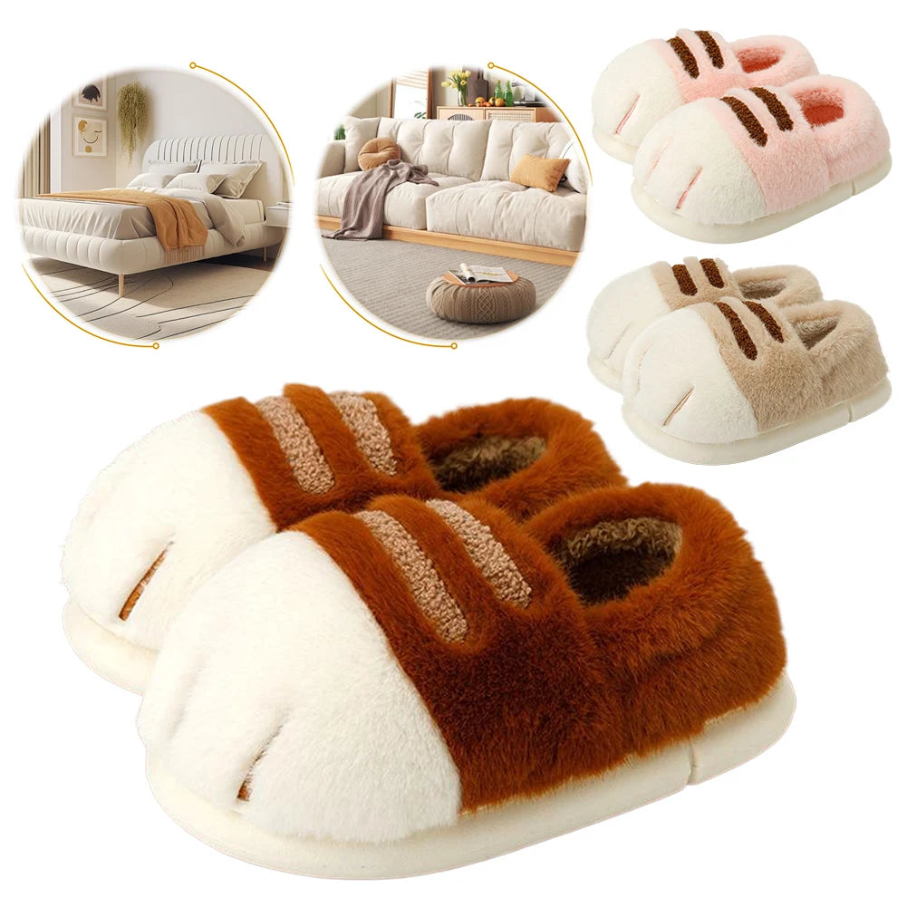 3D Cat Paw Plush Slippers Flat Thermal Slippers Comfortable Fluffy Home Slippers Anti Slip Cute Paw Slippers for Indoor Bedroom