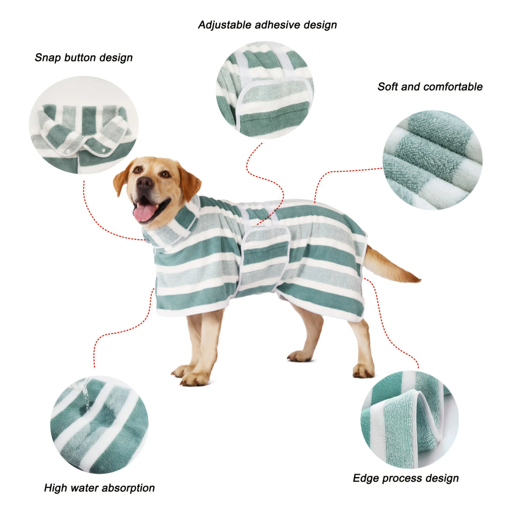 Super Absorbent Quick-Dry Dog Bathrobe,  Soft Striped Towel Robe for Pets with Adjustable Belly Strap cat pet bath large bath to