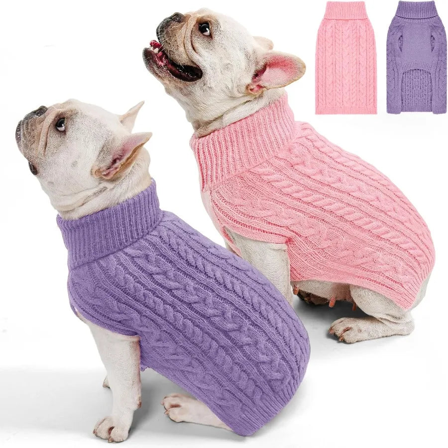 2 Pack Dog Sweaters for Medium Dogs Turtleneck Pullover Cable Knit Stretch Clothes French Bulldog Dachshund Boston Terrier Corg