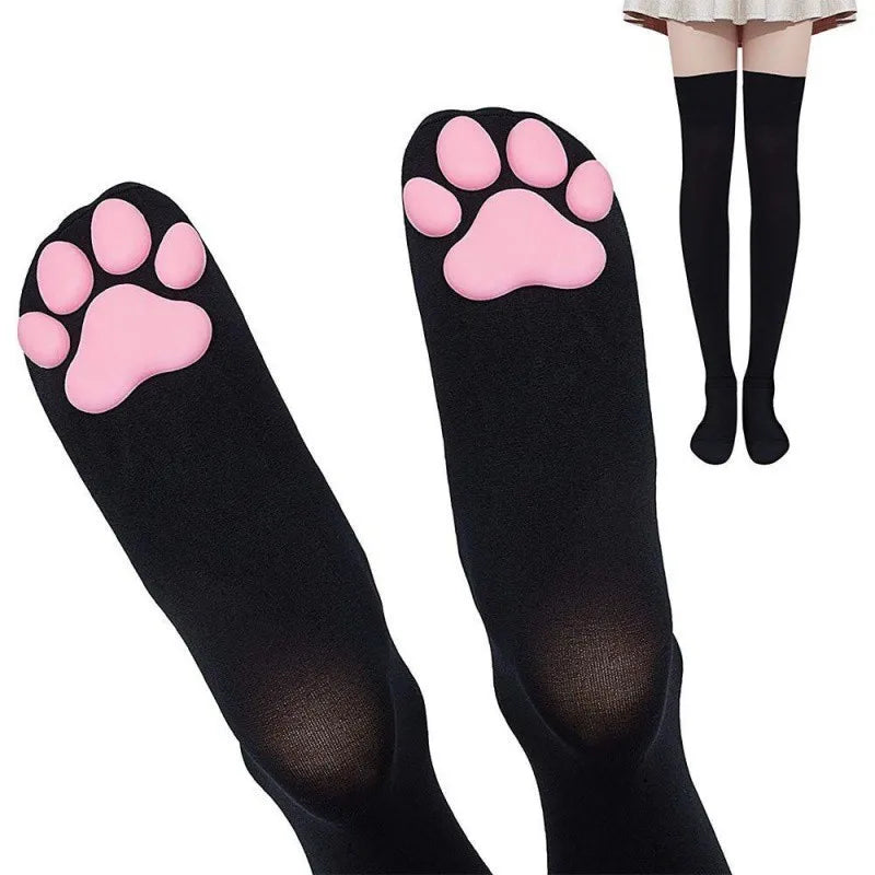 1 Pair 3D Cat Paw Meat Pad Knee High Socks, Home Floor Socks,Creative Funny Socks For Girls