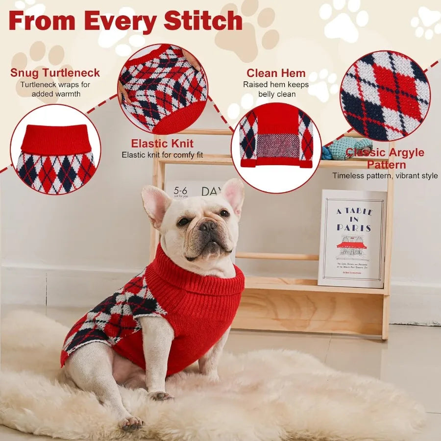 Dog Sweater for Medium Dogs Plaid Checkered Knit Turtleneck Pullover Winter Clothes Boys Girls Stretch French Bulldog Dachshund